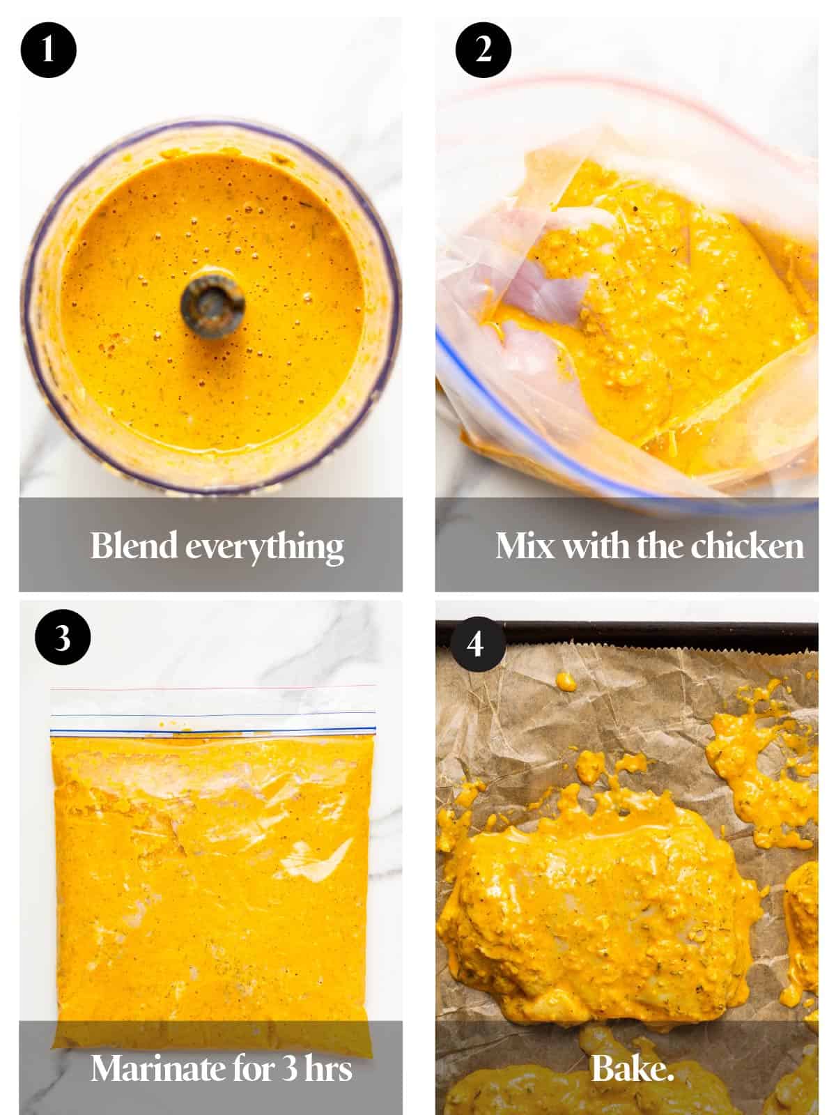 A 4 photo collage showing how to make the yogurt marinade and coating chicken.