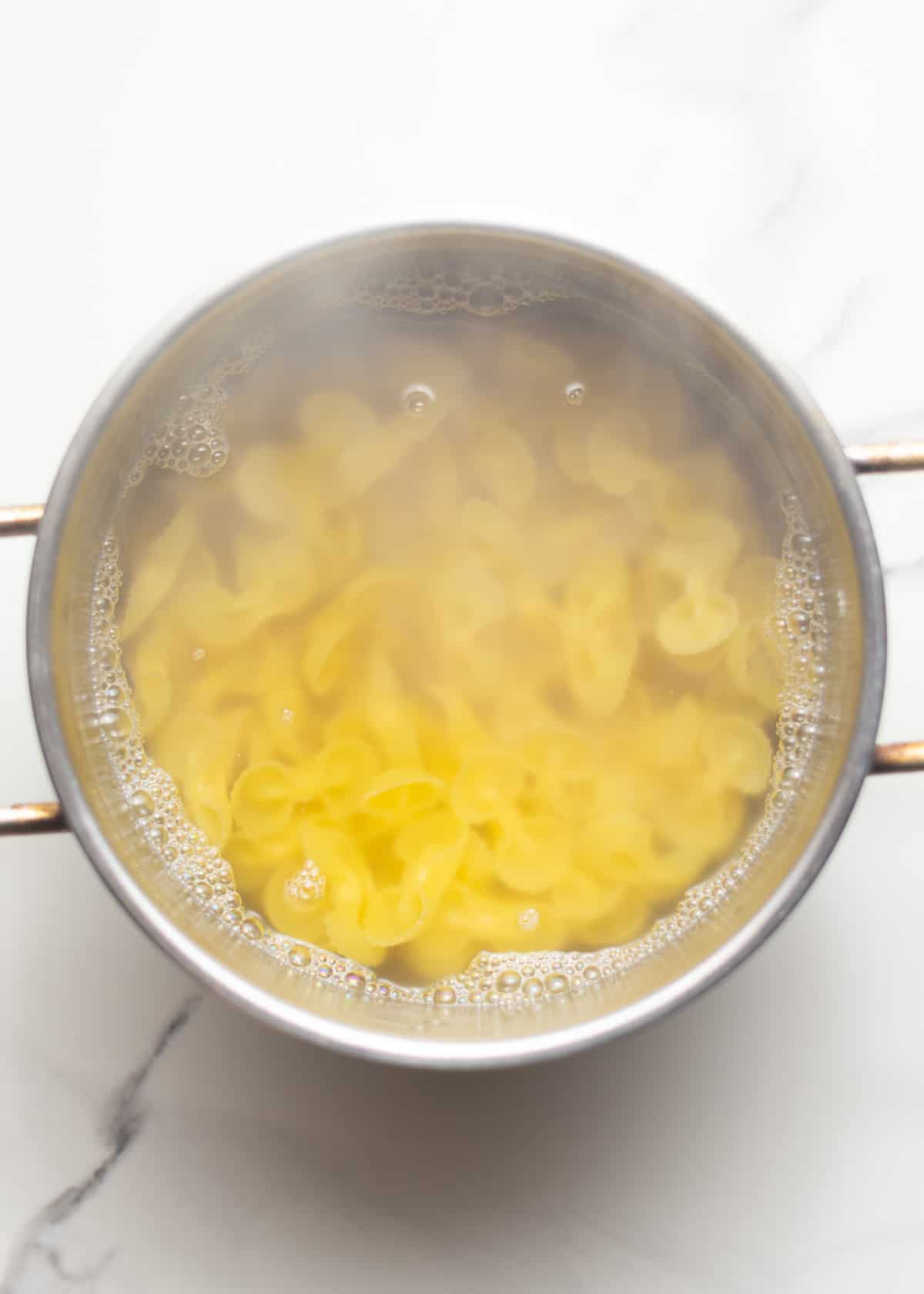 farfalle pasta in boiling water in a medium saucepan.