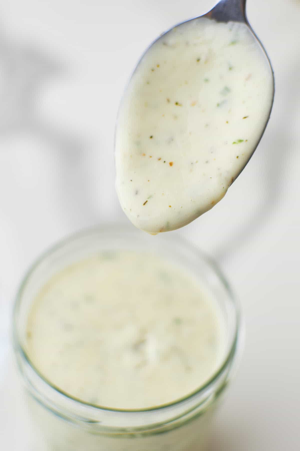 close up shot of a spoon full of garlic parmesan sauce. 