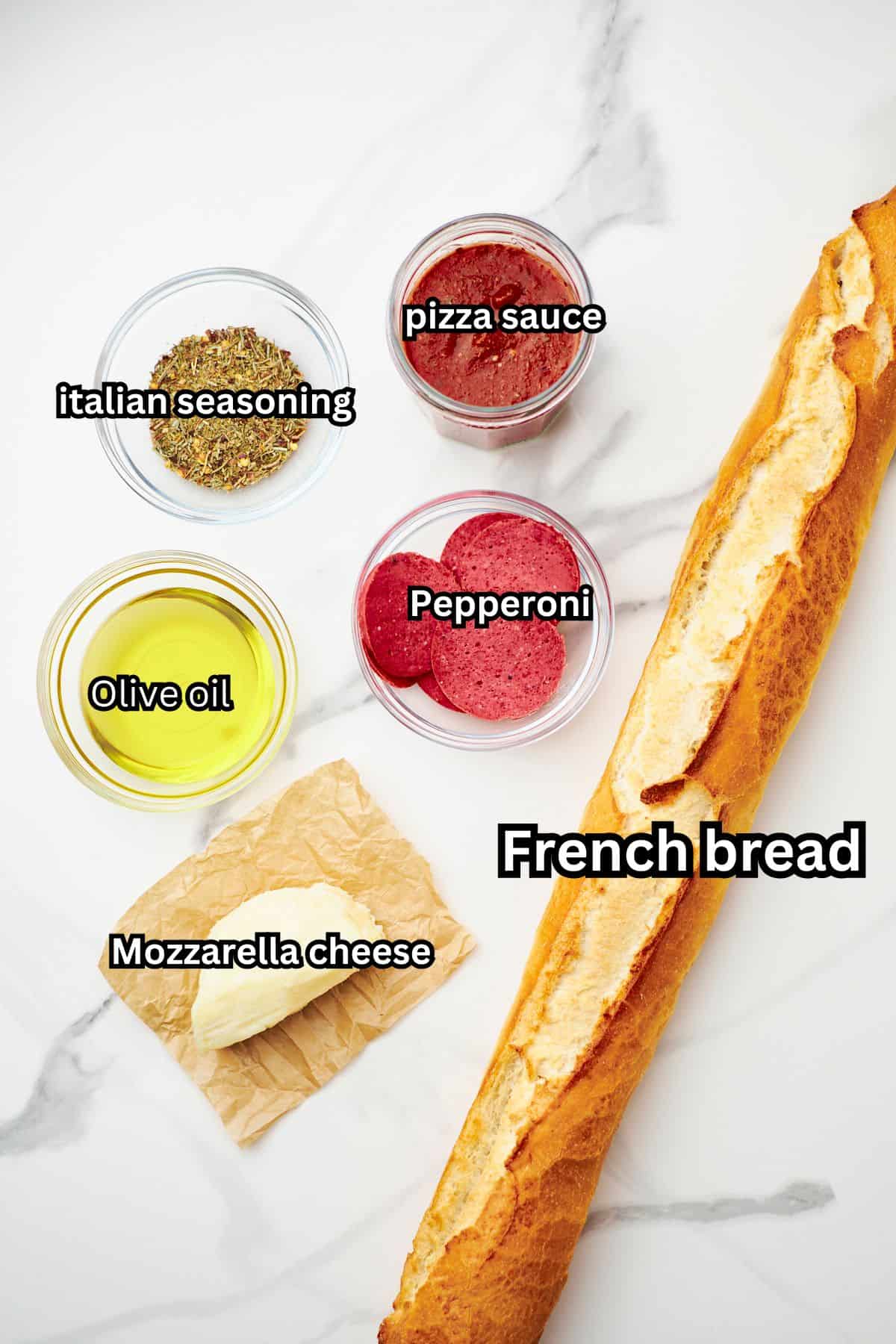 ingredients for homemade french bread pizza in air fryer.