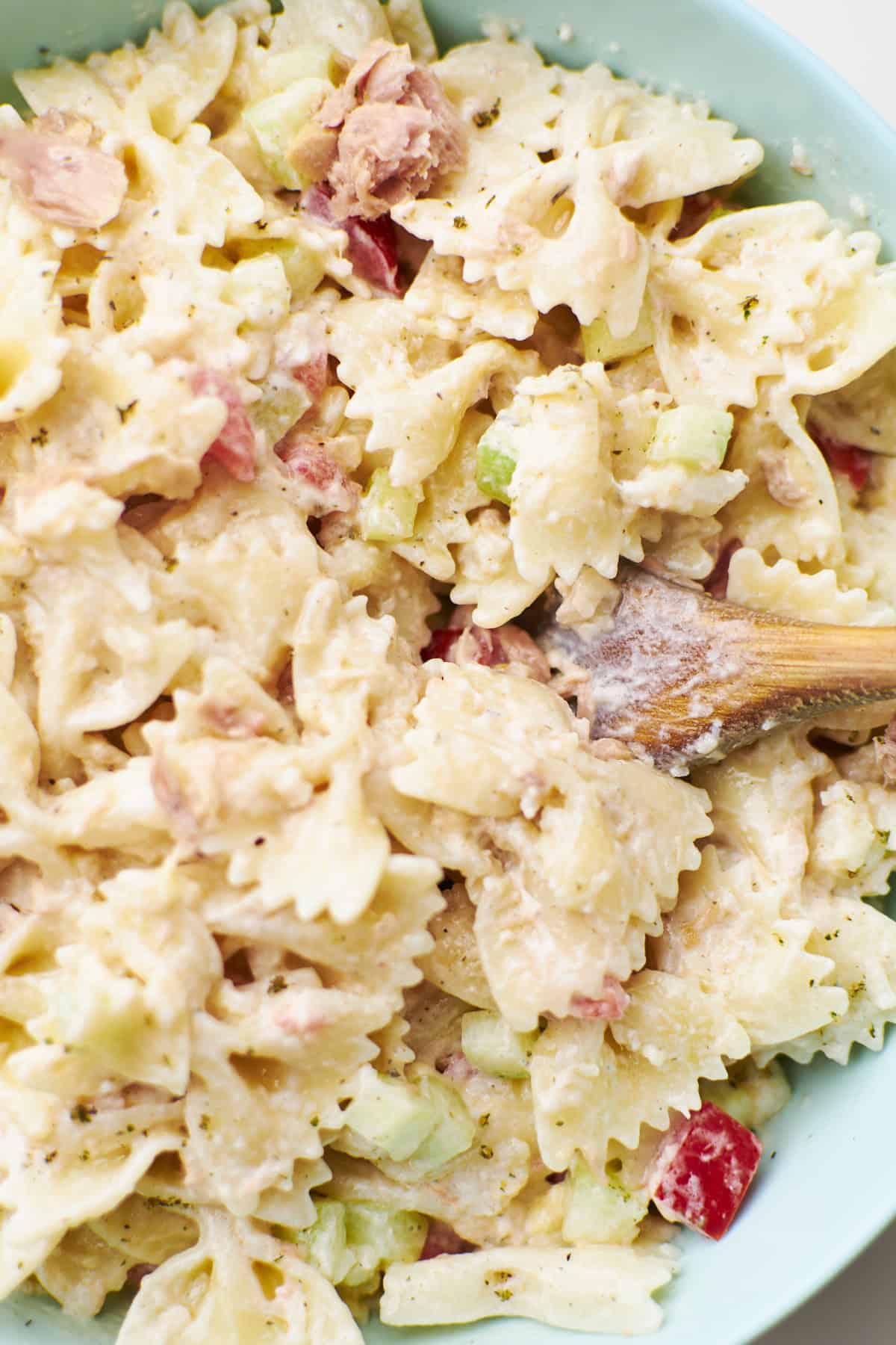 creamy ranch bowtie pasta salad in a large bowl 