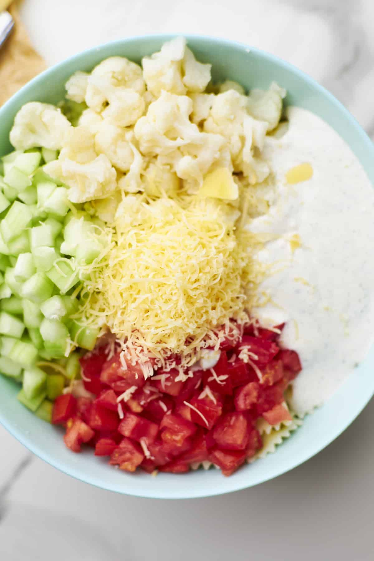 overhead shot of ranch pasta salad in a bowl