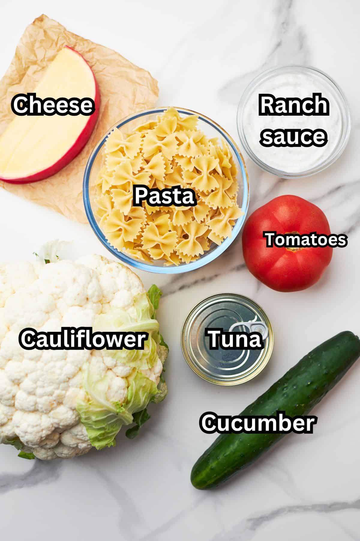 ranch pasta salad ingredients labeled. 