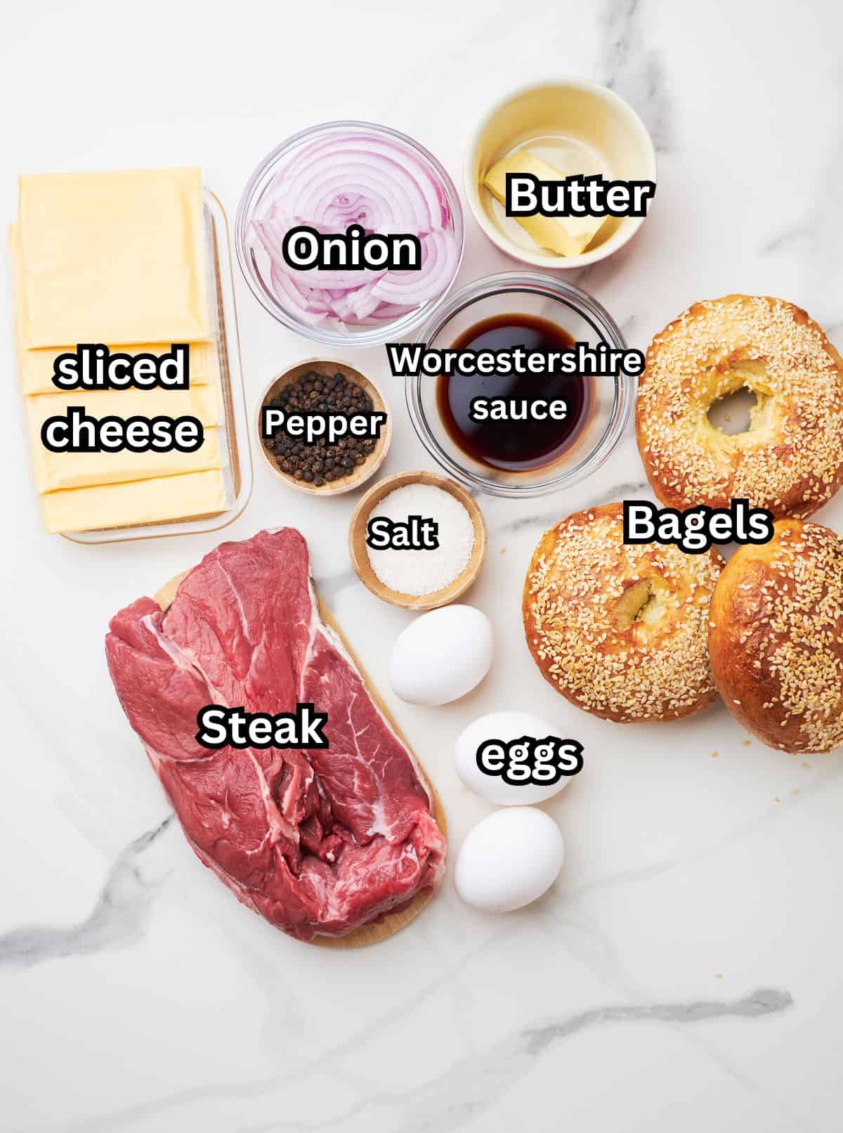 Ingredients to make McDonalds steak egg and cheese bagel