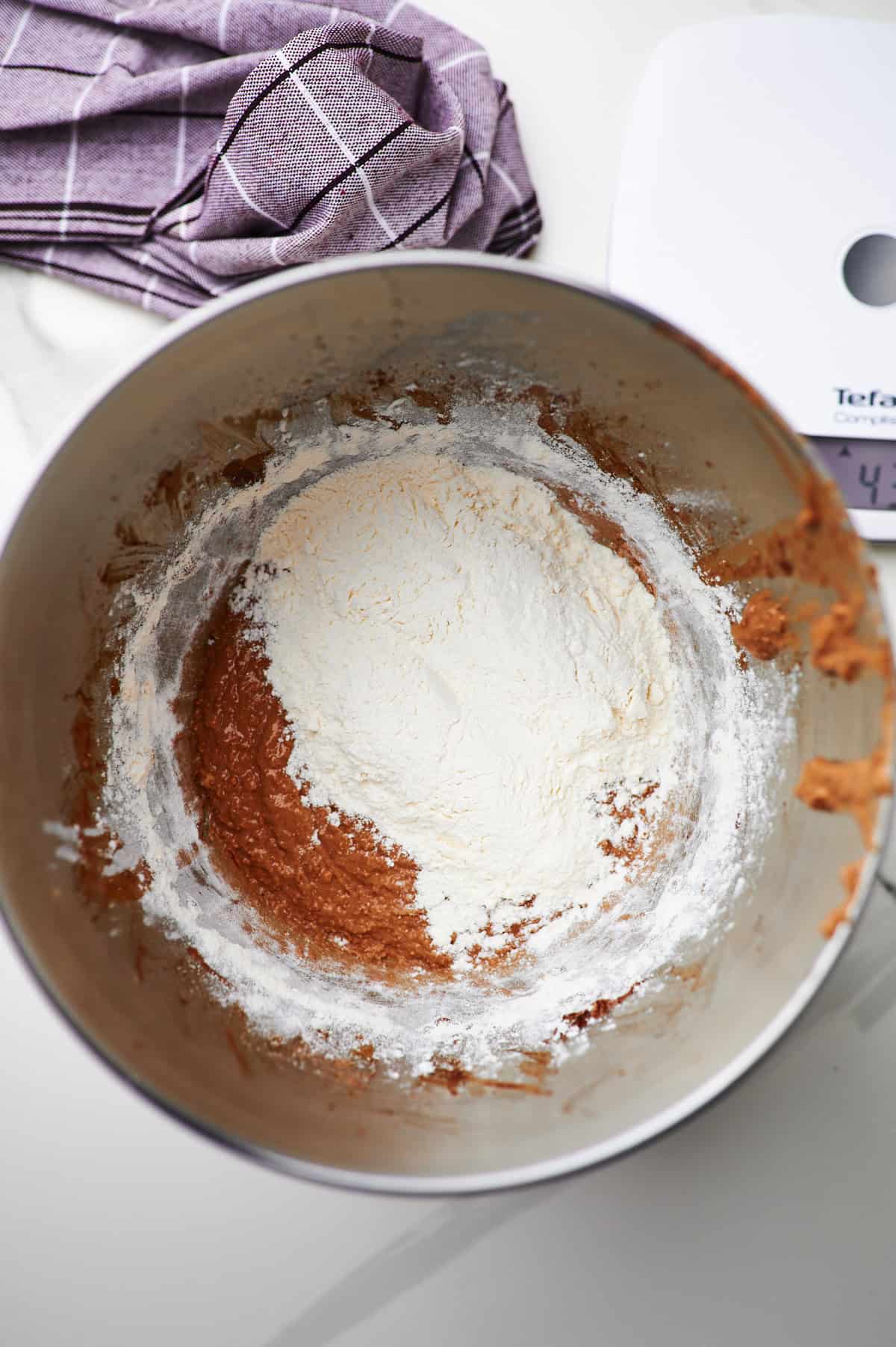 flour in mixing bowl with bread dough