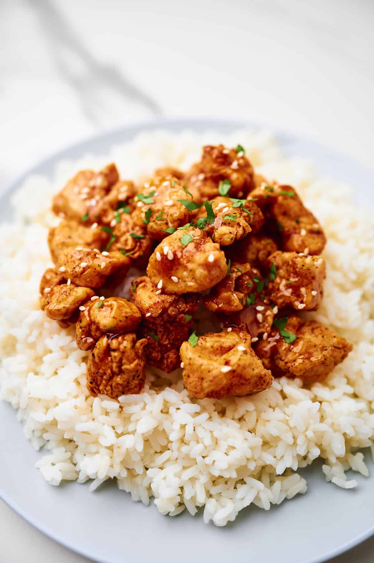 A plate with Crispy Honey Chicken.