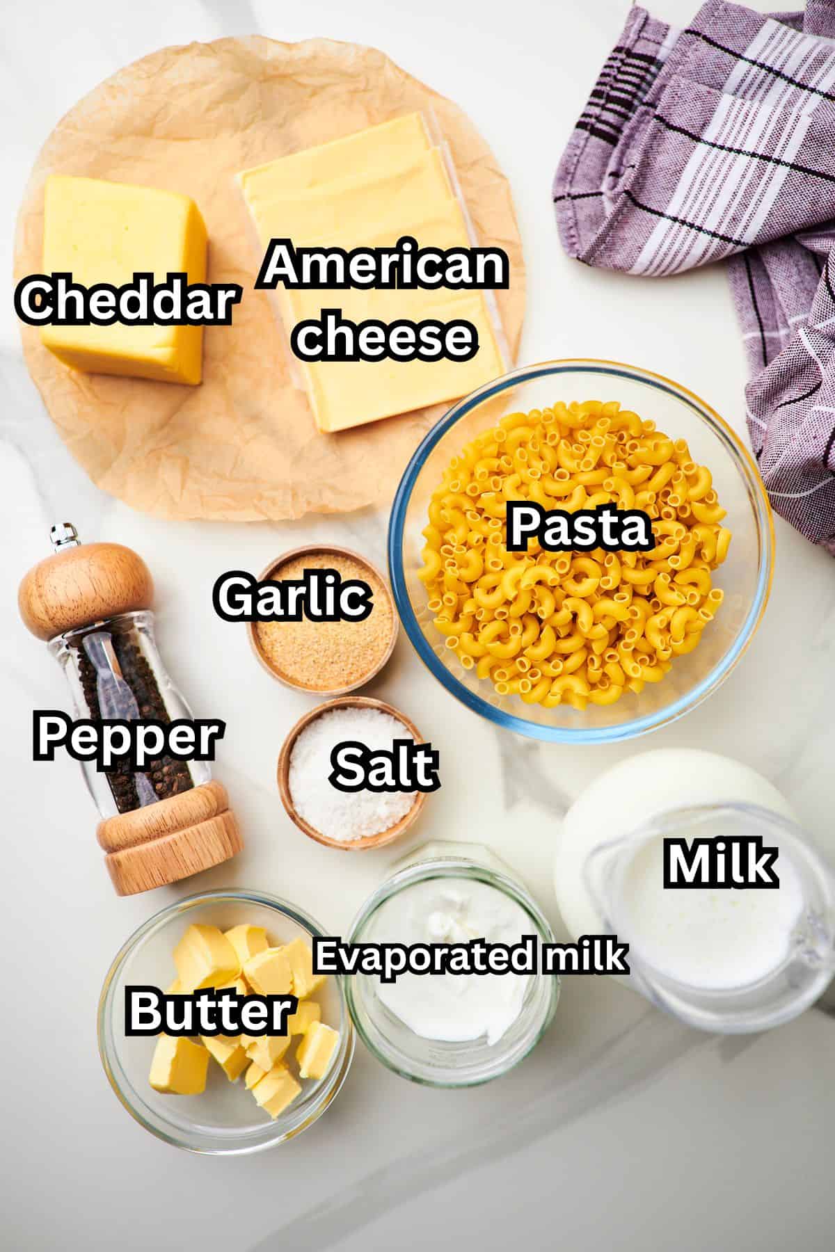 Overhead view of crock pot mac and cheese ingredients