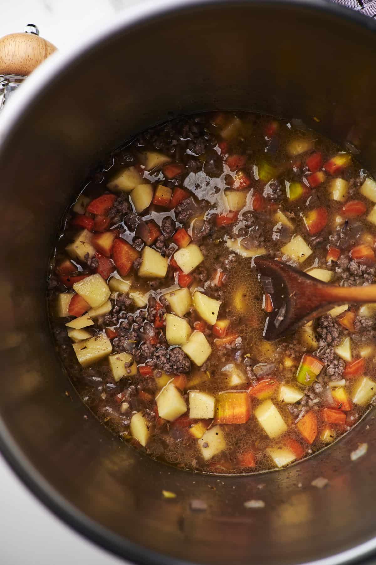 diced potatoes and carrots in beef soup