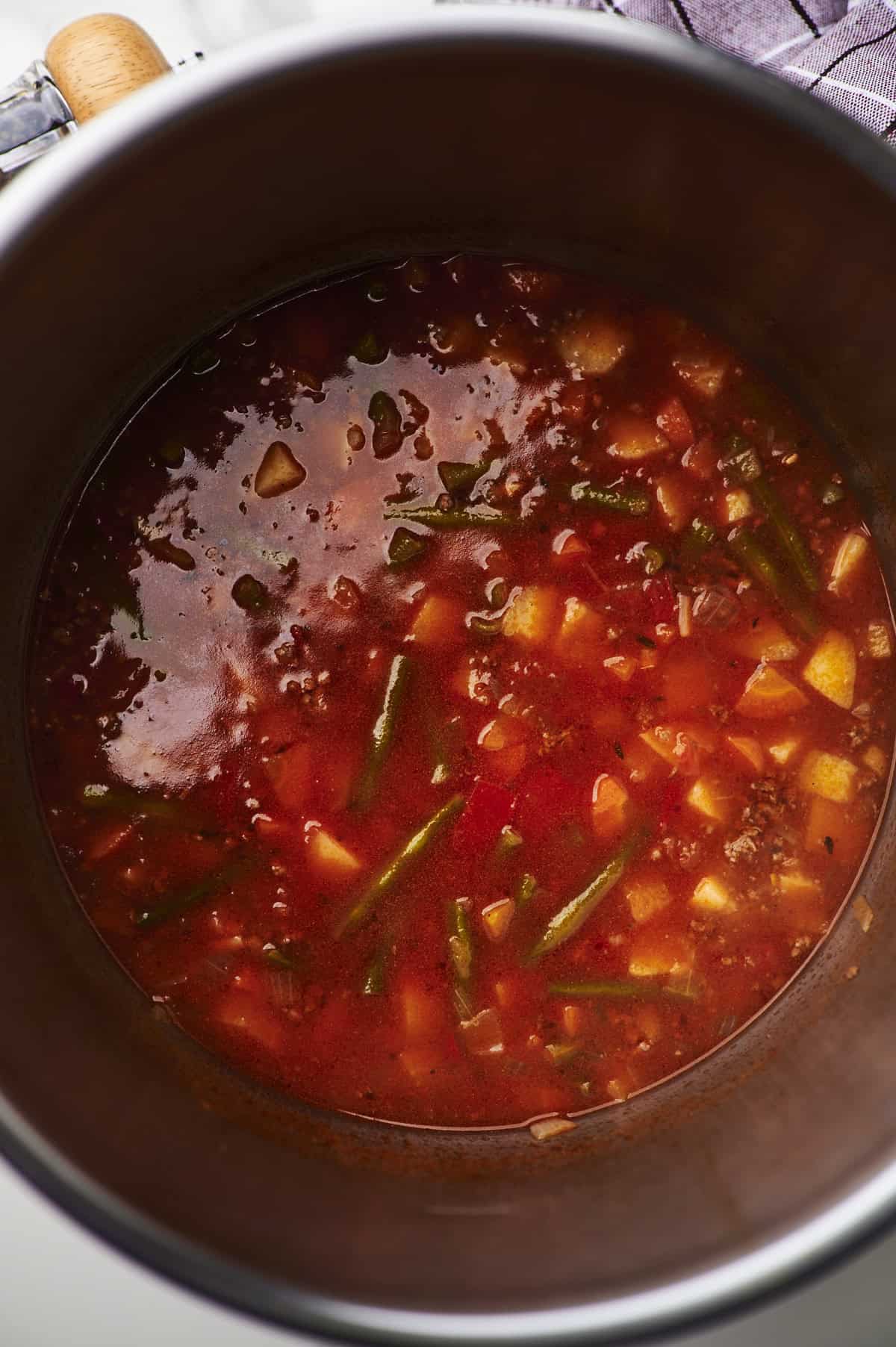 vegetable beef soup with hamburger and fresh vegetables in dutch oven