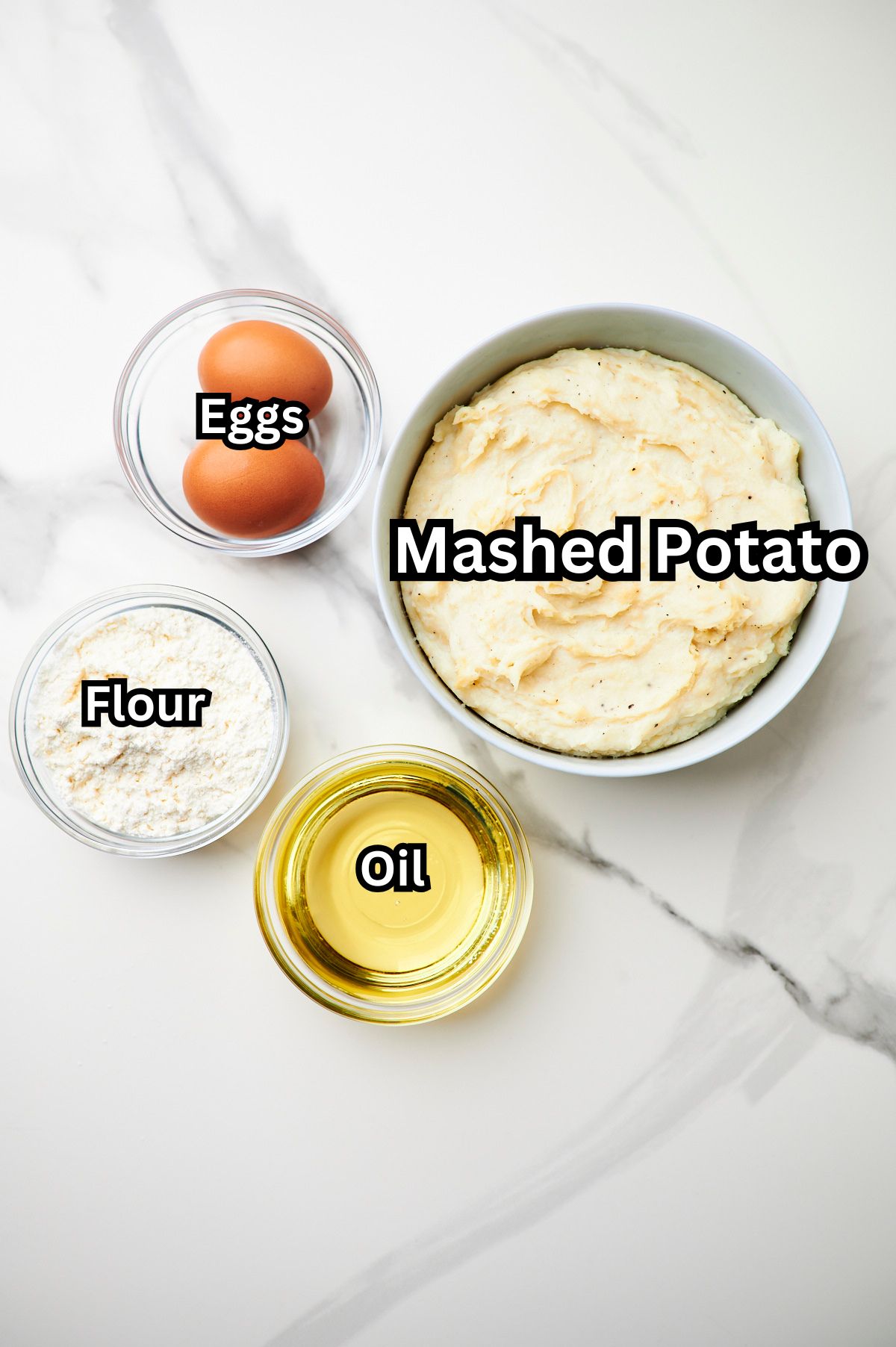 bowl of leftover mashed potatoes, egg, oil and flour