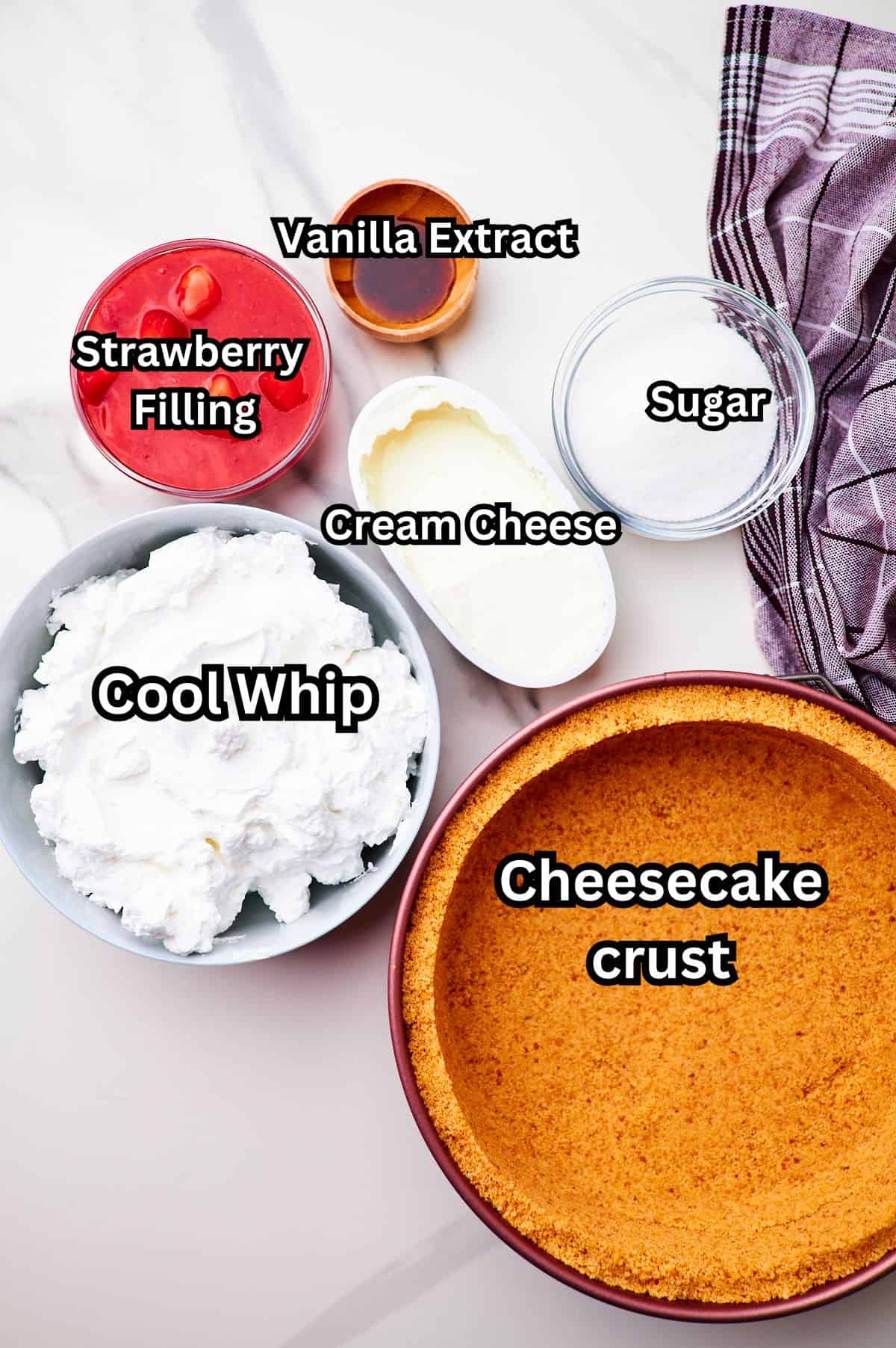 cream cheese, sugar, strawberry pie filling, cool whip, graham cracker crust, vanilla