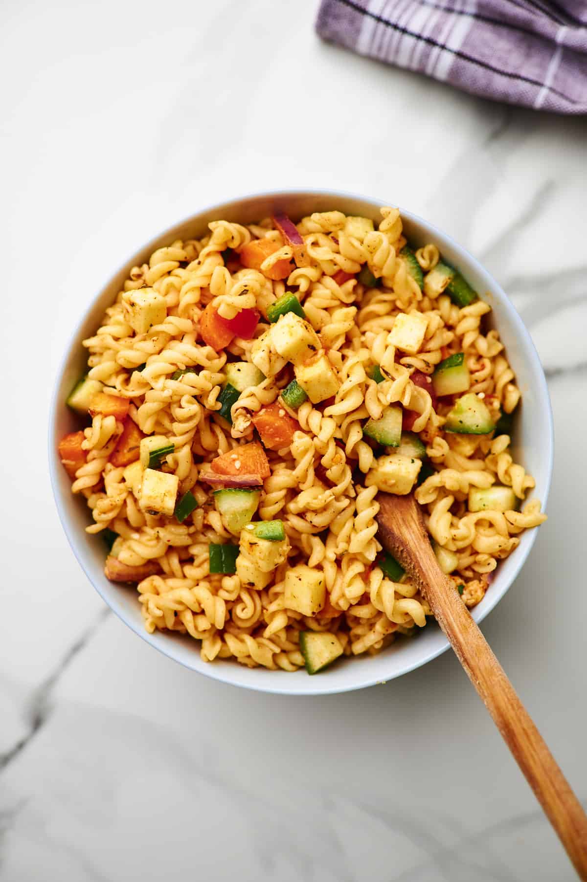 overhead shot of pasta salad with Italian dressing and salad supreme seasoning