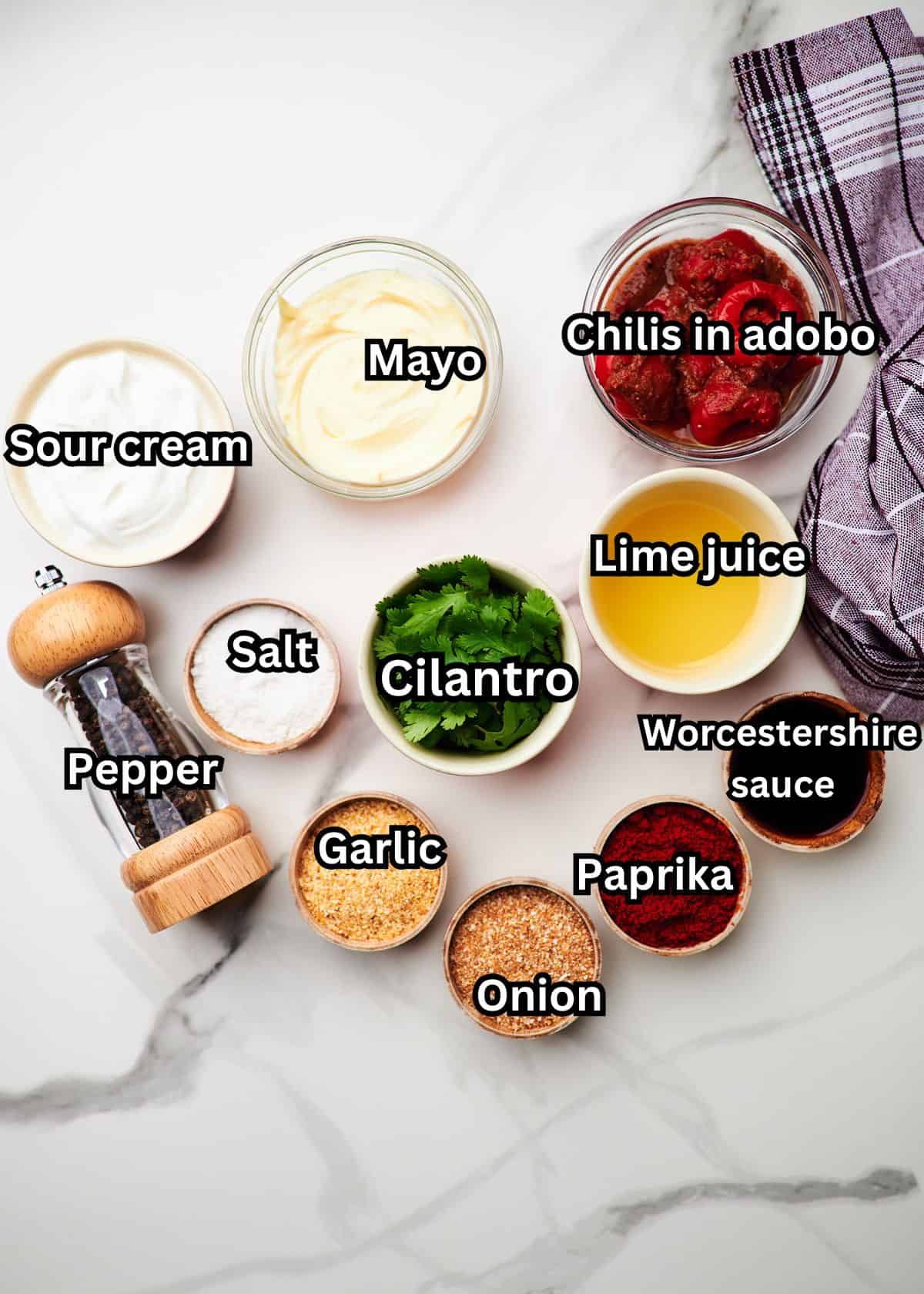 ingredients for chipotle ranch dressing in prep bowls