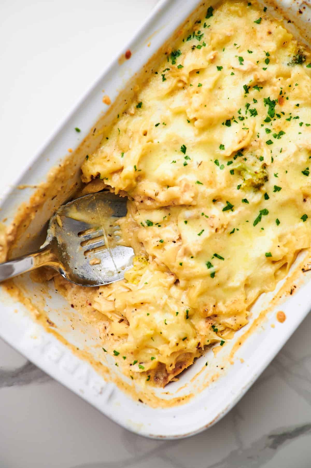 A scoop inside this pasta bake