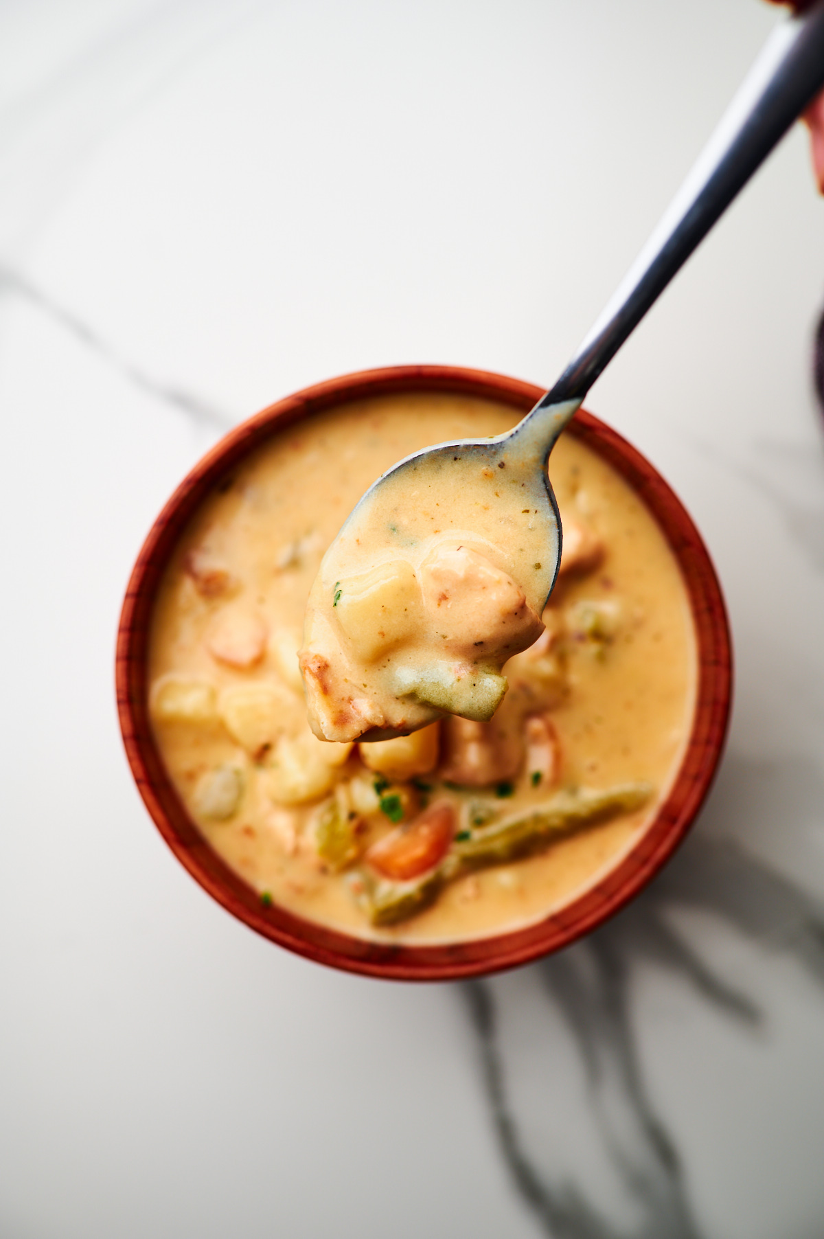 A bowl of creamy chicken stew and a spoon scooping it up.