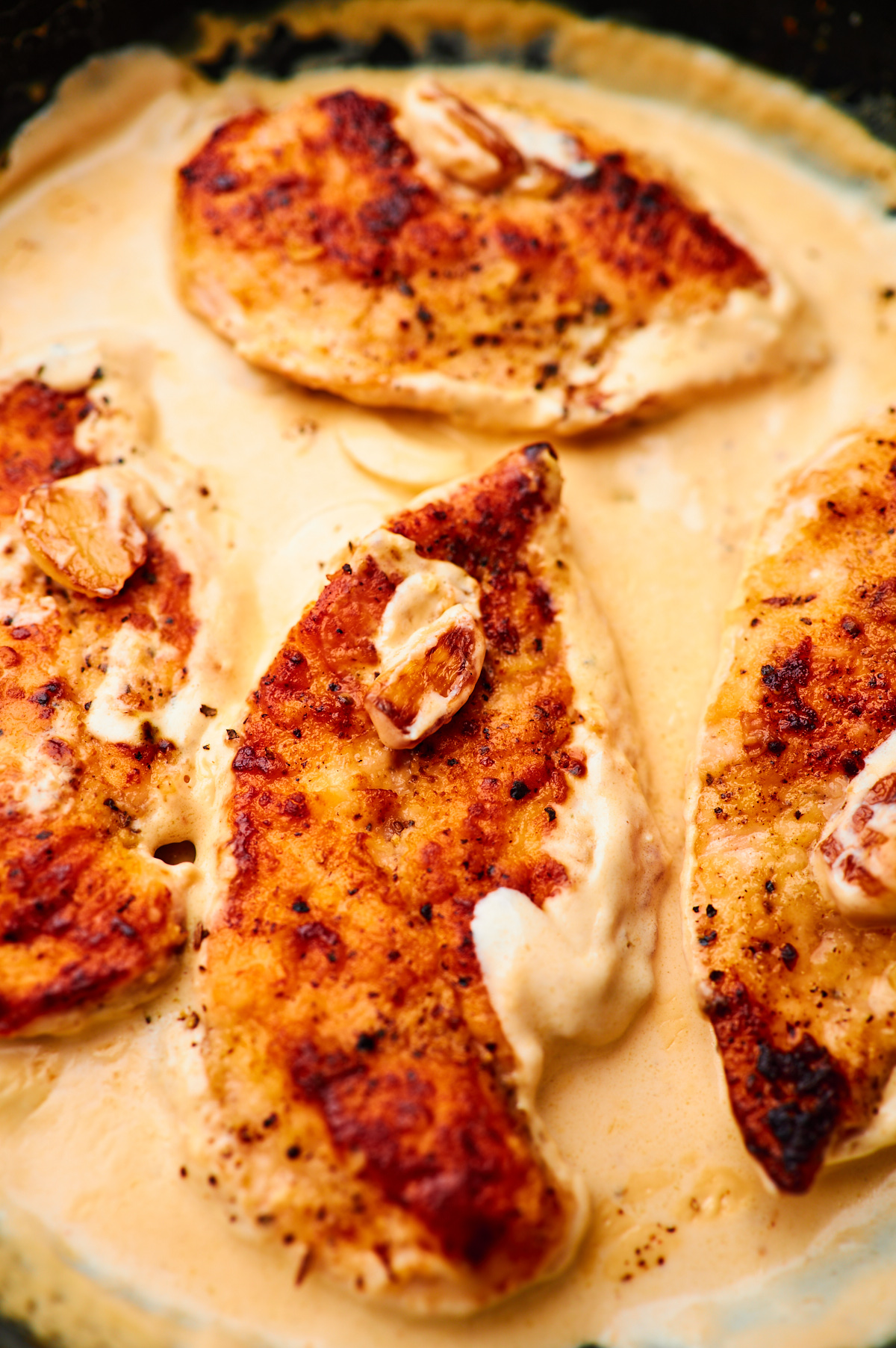 close-up of creamy chicken skillet with garlic cream sauce