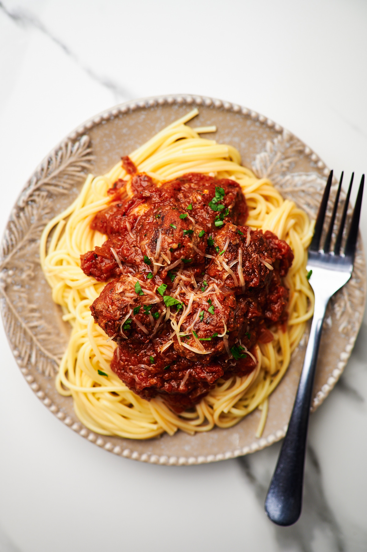 Overhead photo of Italian Meatballs with Spaghetti, read to be served